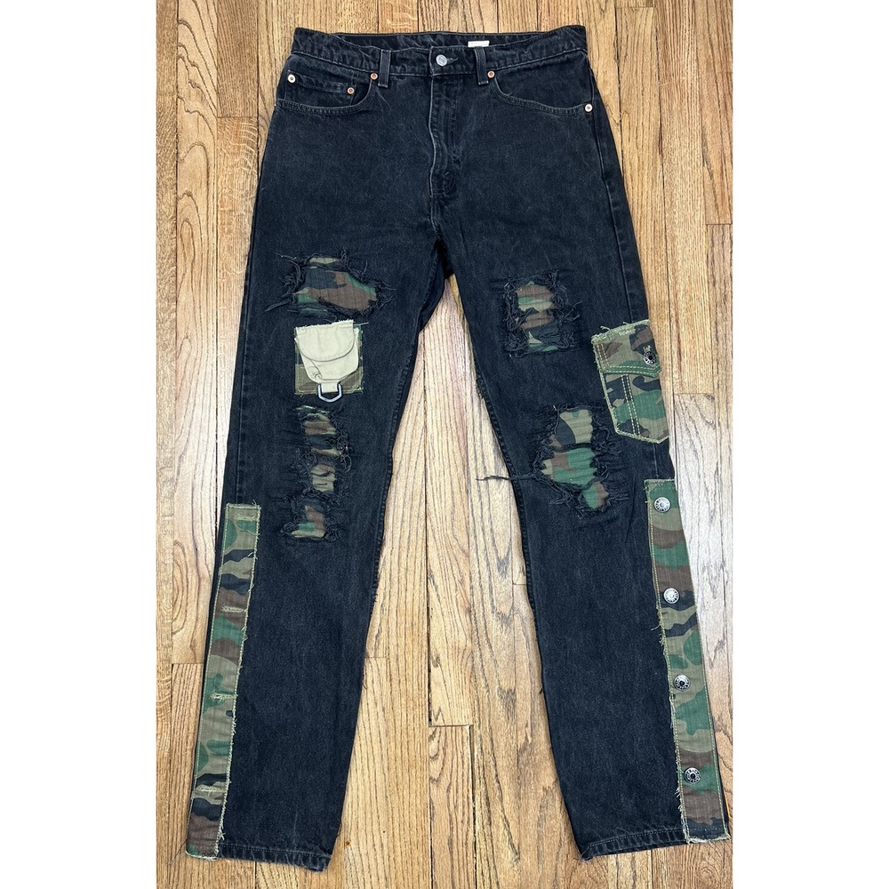 Vintage Levi's 505 Faded Black Denim Custom Distressed Camo Jeans Men's Sz 33x34